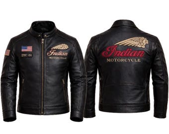 New Biker Embroided Indian Leather Jacket Genine Cowhide Leather Motorcycle Coat