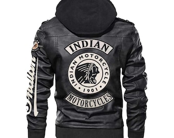 Men's Indian Motorcycle Jacket Cowhide Leather Hooded Biker Jacket