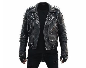 Chaqueta de cuero con púas hecha a mano para hombre y mujer, chaqueta de motociclista de cuero genuino de vaca con tachuelas