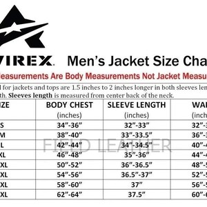 Puede incluir: Tabla blanca con el logo de Avirex y texto que detalla las medidas de tallas de chaquetas para hombre. La tabla incluye medidas de pecho, largo de manga y cintura en pulgadas, desde la talla S hasta la 5XL.