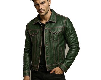 Men's Leather Trucker Jacket Genuine Sheepskin Vintage Style Leather Jacket