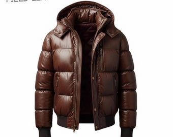 Genuine Leather Puffer Jacket | Unisex Winter Coat with Detachable Hood