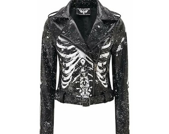 Killstar Morgue Gimme Bones Women's Biker Jacket - Skeleton Print Vegan Cowhide Leather Jacket