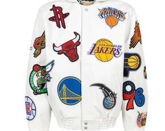 White Jeff Hamilton NBA College Vegan Leather Jacket Genuine Cowhide Leather