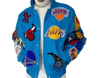 New Jeff Hamilton NBA College Vegan Leather Jacket Genuine Cowhide Leather Bomber Coat Blue