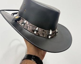Sombrero vaquero de cuero con dientes de cocodrilo, nuevo, de piel de vaca negra.
