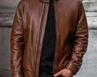 Men's Brown Leather Jacket Soft Skin Sheep Leather Jacket Bomber Jacket