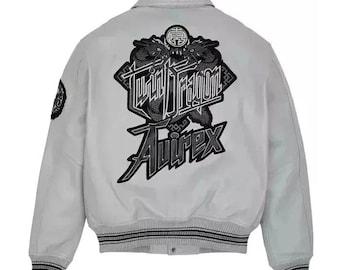 Men's Avirex Leather Jacket Genuine Cowhide Leather Coat Grey Embroidered Logos