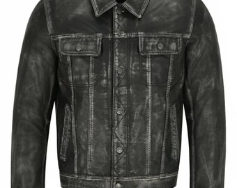 Men's Black Leather Trucker Jacket - Vintage Western Biker Coat