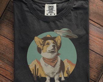 Vintage Ufo Corgi Shirt, Retro Cowboy Alien Dog Hoodie, Funny Western Corgi Gift for Dog Lovers, Pembroke Welsh Corgi Lover Shirt