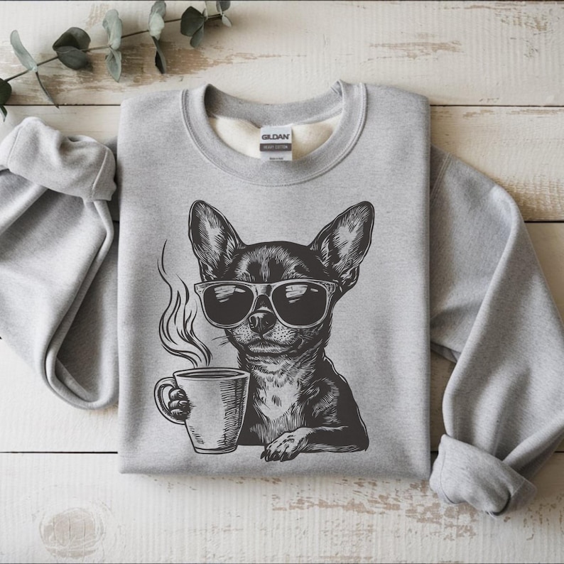 chihuahua sunglasses steaming coffee cup woodcut engraving closeup