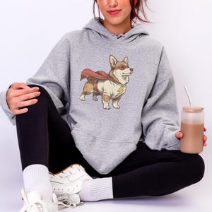 Comfort Colors blue jean t-shirt with a masked Corgi hero print.