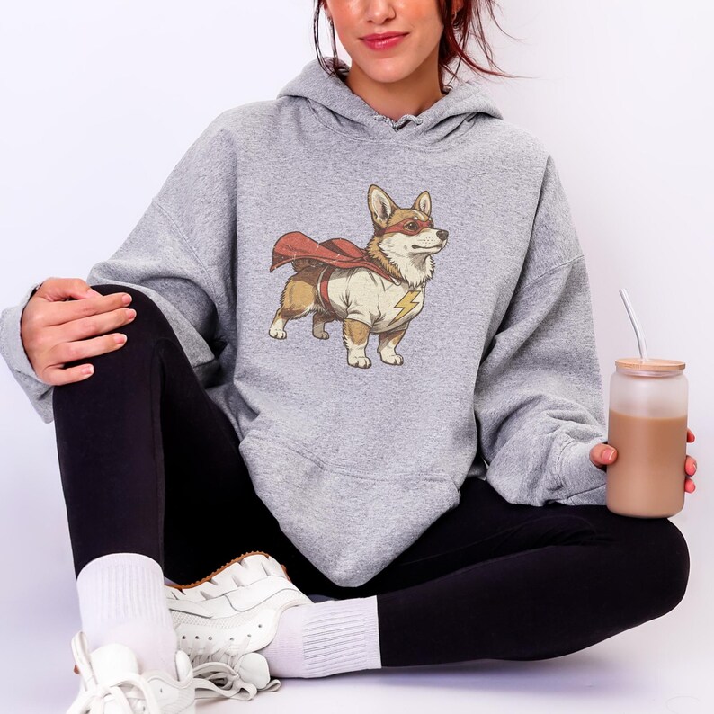Comfort Colors blue jean t-shirt with a masked Corgi hero print.