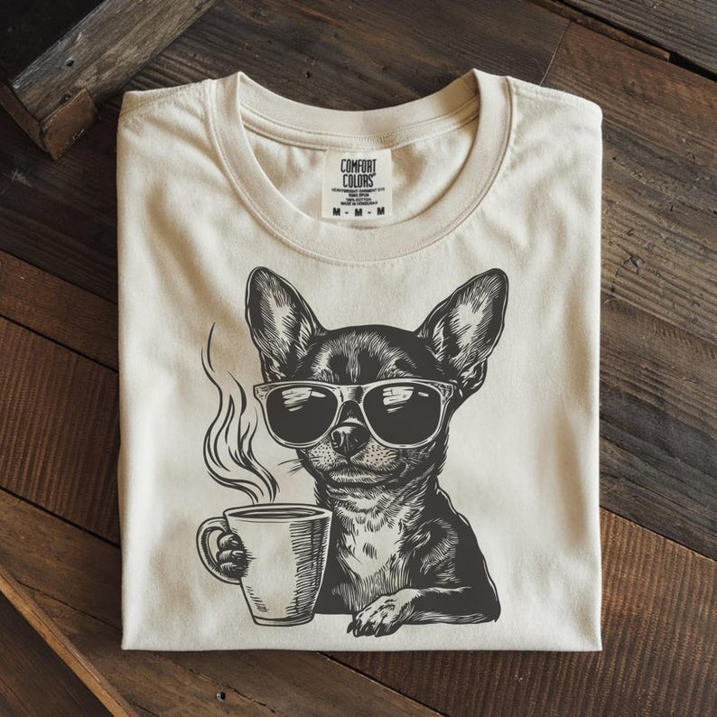 chihuahua shirt coffee sunglasses vintage engraving ivory tee