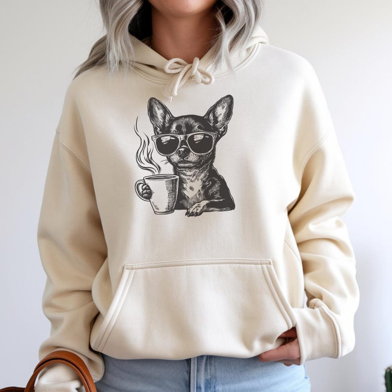 chihuahua coffee engraving shirt flat lay folded ivory tee