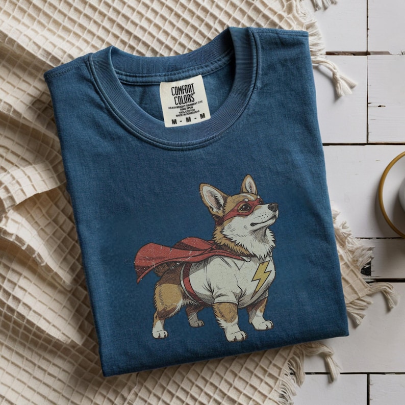 Vintage style Corgi dog wearing a red superhero mask and cape