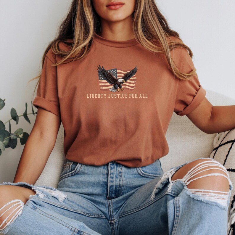 liberty justice for all eagle flag shirt flat lay ivory folded