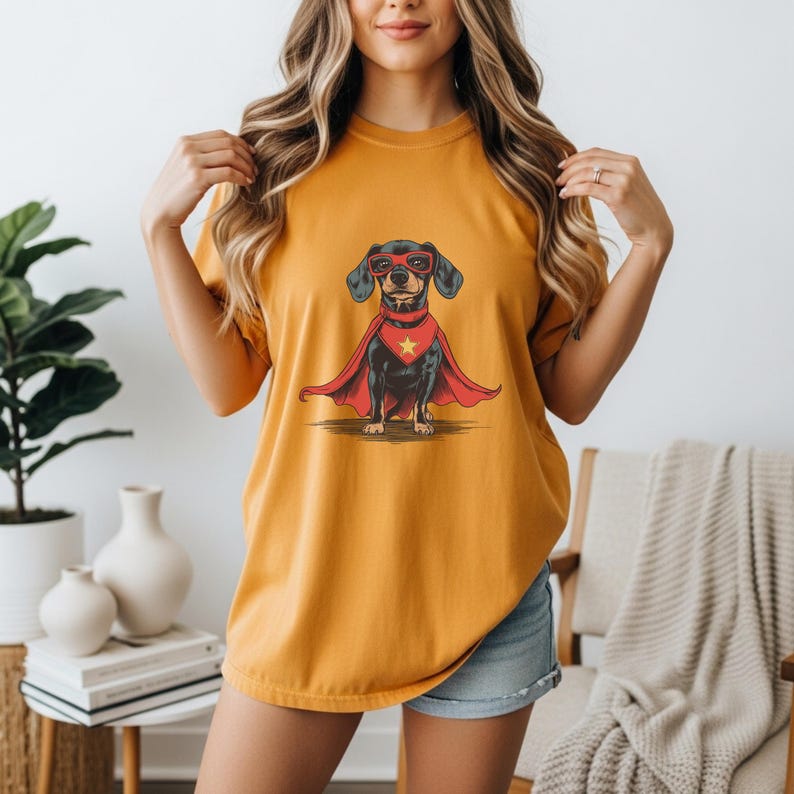 Funny sausage dog design with a yellow star emblem on a red chest piece.