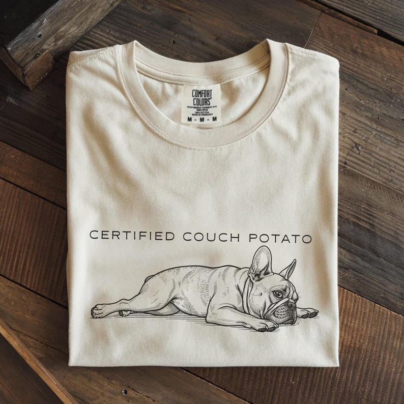 Certified Couch Potato" text above a lazy Frenchie dog graphic