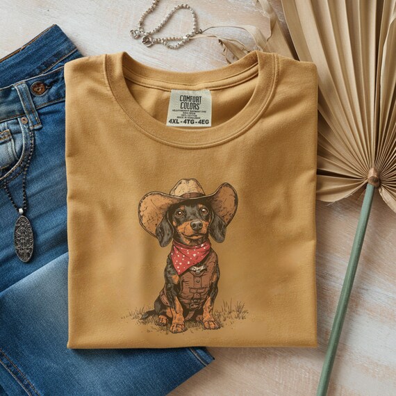 Retro Cowboy Dachshund Shirt, Rustic Western Wiener Dog Tee, Cute Sheriff Doxie Art, Coastal Cowgirl Gift, Funny Dog Shirt