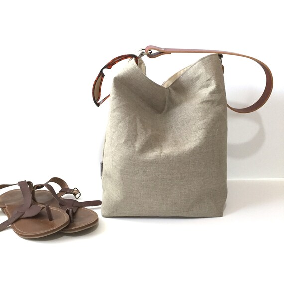 Items similar to Large Natural Linen Hobo Bag Bucket Bag on Etsy