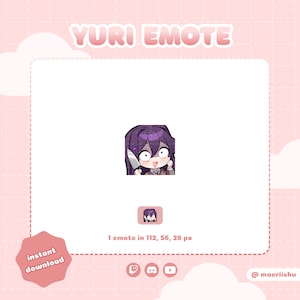 Puede incluir: Gráfico digital descargable con un personaje de dibujos animados de pelo morado, un cuchillo y una expresión de sorpresa. El texto "YURI EMOTE" está en la parte superior, con "descarga instantánea" en la parte inferior izquierda. Fondo rosa.