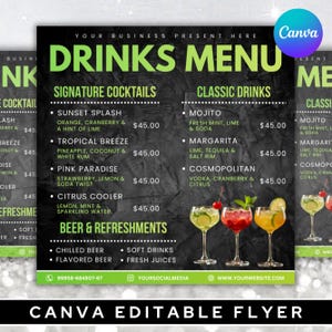 Puede incluir: Un menú de bebidas negro con texto verde y blanco, con cócteles de autor y bebidas clásicas. El menú incluye nombres de bebidas y precios, con ilustraciones de cócteles coloridos. El logotipo de Canva está en la esquina superior derecha.