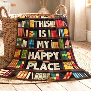 Deken voor boekenliefhebber, deken "This Is My Happy Place" bibliotheek, leescadeau, gezellige boekenwurmdeken, fleece sherpa geweven quilt