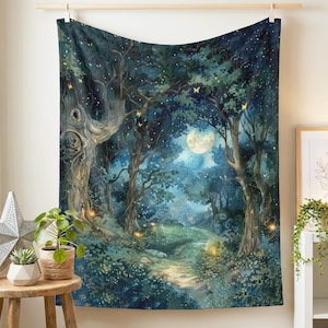 Betoverd nachtbos deken, decor mystiek bos natuur, grillig bos dromerige fleece sherpa geweven quilt, cottagecore fantasy