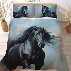 Black Horse Bedding Set, Duvet Cover Set, Comforter Set Or Quilt Set, Horse Decor, Horse Bedspread Bed Linens, Gift for Horse Lovers