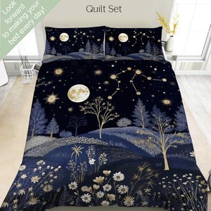 Set di biancheria da letto con segno zodiacale Acquario, set copripiumino, set copripiumino o set trapunta, decorazioni astrologiche, luna, stelle, natura celeste e lunare.