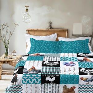 Rustic Teal Chicken Whisperer Bedding Set, Farmhouse Rooster Patchwork Decor, Cottage Vintage Style Duvet Cover, Comforter or Quilt Set