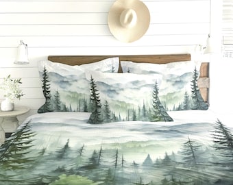 Ensemble de draps forêt montagne brumeuse, décoration de cabane rustique en pin, draps paysage maison de ferme disponibles en coton ou en microfibre
