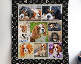 Personalized Cavalier King Charles Photo Quilt Blanket or Wall Hanging with YOUR dog's photos! Custom Cavalier Gift, Cavalier Decor Memories