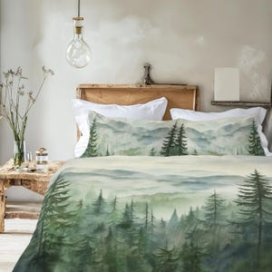 Vintage Misty Pine Forest Bedding Set, Pine Forest & Mountain Valley Decor, Rustic Cabin Camper Duvet Cover, Comforter or Quilt Set
