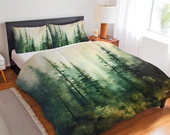 Vintage Pine Forest Watercolor Bedding Set, North Woods Cabin Decor, Misty Pine Evergreen Nature Duvet Cover, Comforter or Quilt Set