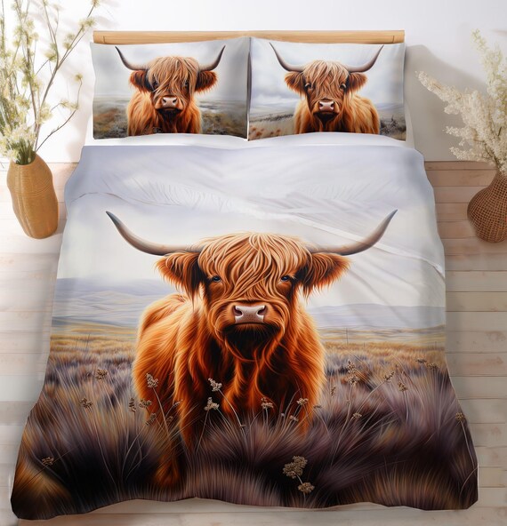 Rustic Highland Cow Bedding Set, Highland Cow Art Decor, Farmhouse Cottage Duvet Cover, Comforter or Quilt Set