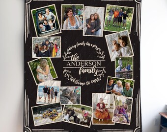 Retro zwarte aangepaste fotoquilt, aangepaste familienaam fotoquilt, gepersonaliseerde familieverhaal herinneringsdeken, boerderij muurkunst decor