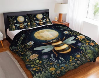 Celestial Cottagecore Bee Bedding Set, Moonlit Nature Comforter, Duvet Cover or Quilted Set, Enchanting Whimsical Botanical Bedroom Decor