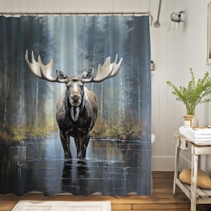 Elch Duschvorhang, Wald Badezimmer Dekor, gewichteter Luxus Duschvorhang, Natur Badezimmer Dekor, Elch-Liebhaber Geschenk, Wildlife North Woods