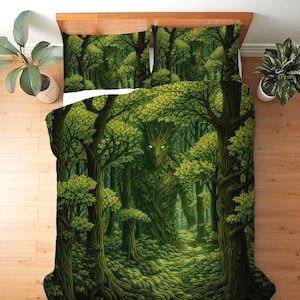 May include: A green and brown forest-themed duvet cover and two pillowcases. The bedding features a detailed illustration of a forest with trees and a creature with glowing green eyes. The design is printed on a white background.