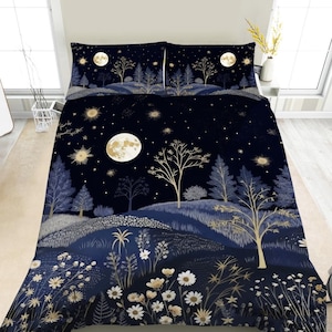 Twilight Forest Meadow Prairie Bedding Set, Dark Forest Bedding, Moon Stars Celestial, Nature Decor Duvet Cover, Comforter or Quilt Set