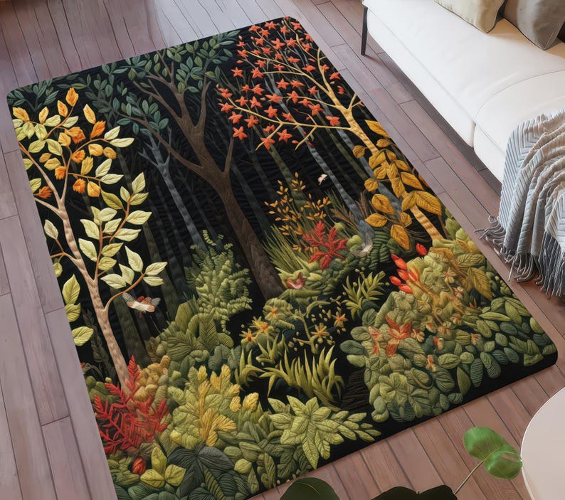 Enchanting Autumn Forest Area Rug, Botanical Woodland No Pile Carpet ...