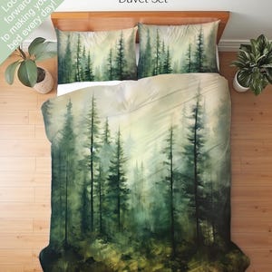 Vintage Pine Forest Watercolor Bedding Set, Duvet Set, Comforter Set Or Quilt Set, Landscape Bedding Elegant Cabin Decor Pine Trees Nature