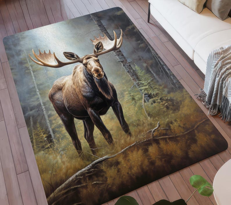 Real Moose Rug Majestic Moose Misty Forest Area Rug, Wildlife Nature Decor, Gift for ...