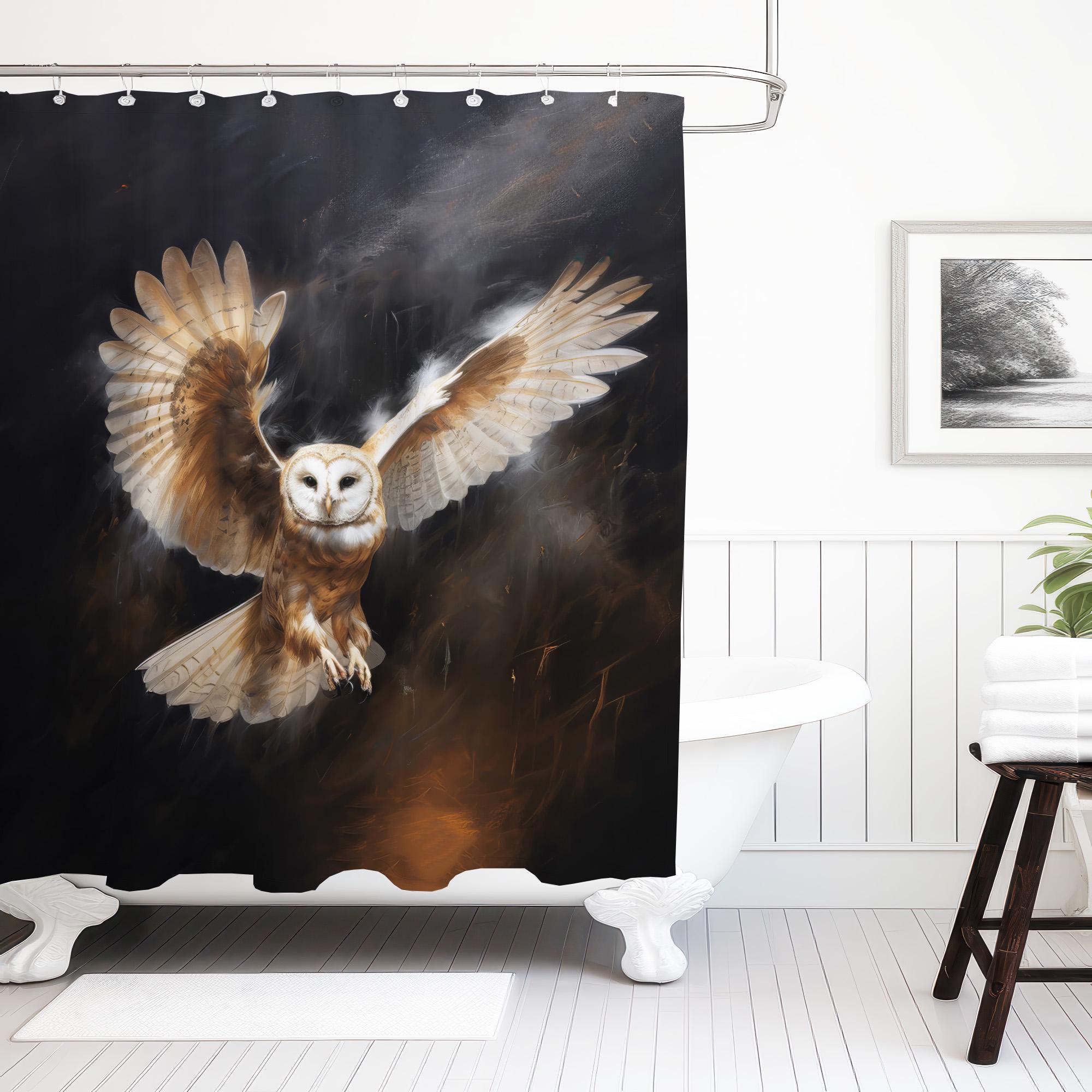 Flying Owl Shower Curtain, Forest Bathroom Decor, Luxury Fabric Water Resistant Weighted Shower Curt