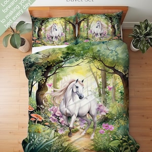 Enchanted Forest Horse Bedding Set, Duvet Set, Comforter Set Or Quilt Set, Horse Decor, Gift for Horse Lover,  White Grey Horse Gift