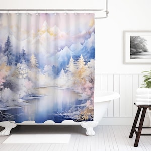Rideau de douche hiver forêt ruisseau de montagne, décoration nature forêt sombre pour salle de bain, rideau de douche en tissu lesté de luxe pastels lumière du soleil