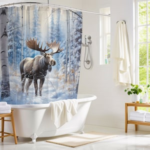 Elch Duschvorhang, Wald Badezimmer Dekor, gewichteter Luxus Duschvorhang, Natur Badezimmer Dekor, Elch-Liebhaber Geschenk, Wildlife North Woods