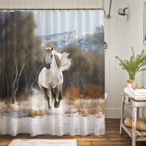 Running Horse Shower Curtain, Horse Bathroom Decor, Interior Design Luxury Water Resistant Weighted Shower Curtain,  Horse Lover Gift
